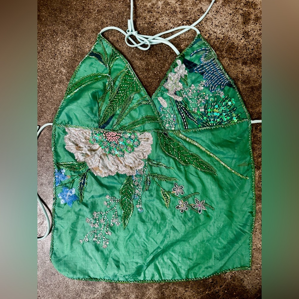 Vintage Y2K Beaded Silk Fairy Tie Back Halter Top OOAK